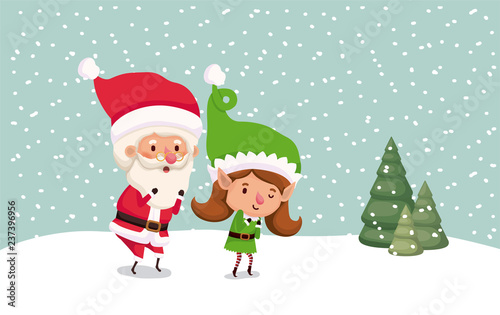 cute santa claus and girl helper in the snowscape