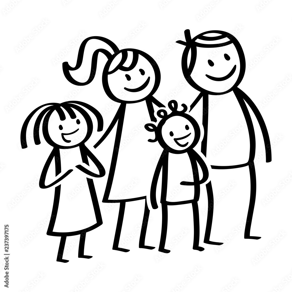 Happy family, stick figures, smiling parents with happy children, daughter and son, standing and waiting isolated on white background Happy family, stick figures, smiling parents with happy children, daughter and son, standing and waiting isolated on white background