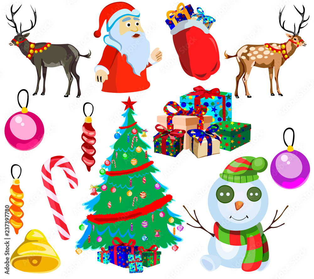 Set for happy Christmas and new year, cartoon icons and illustrations