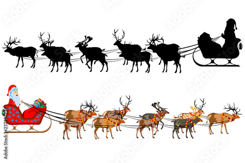 Santa Claus on a sleigh with reindeer, with a handful of gifts. Silhouette of santa claus.