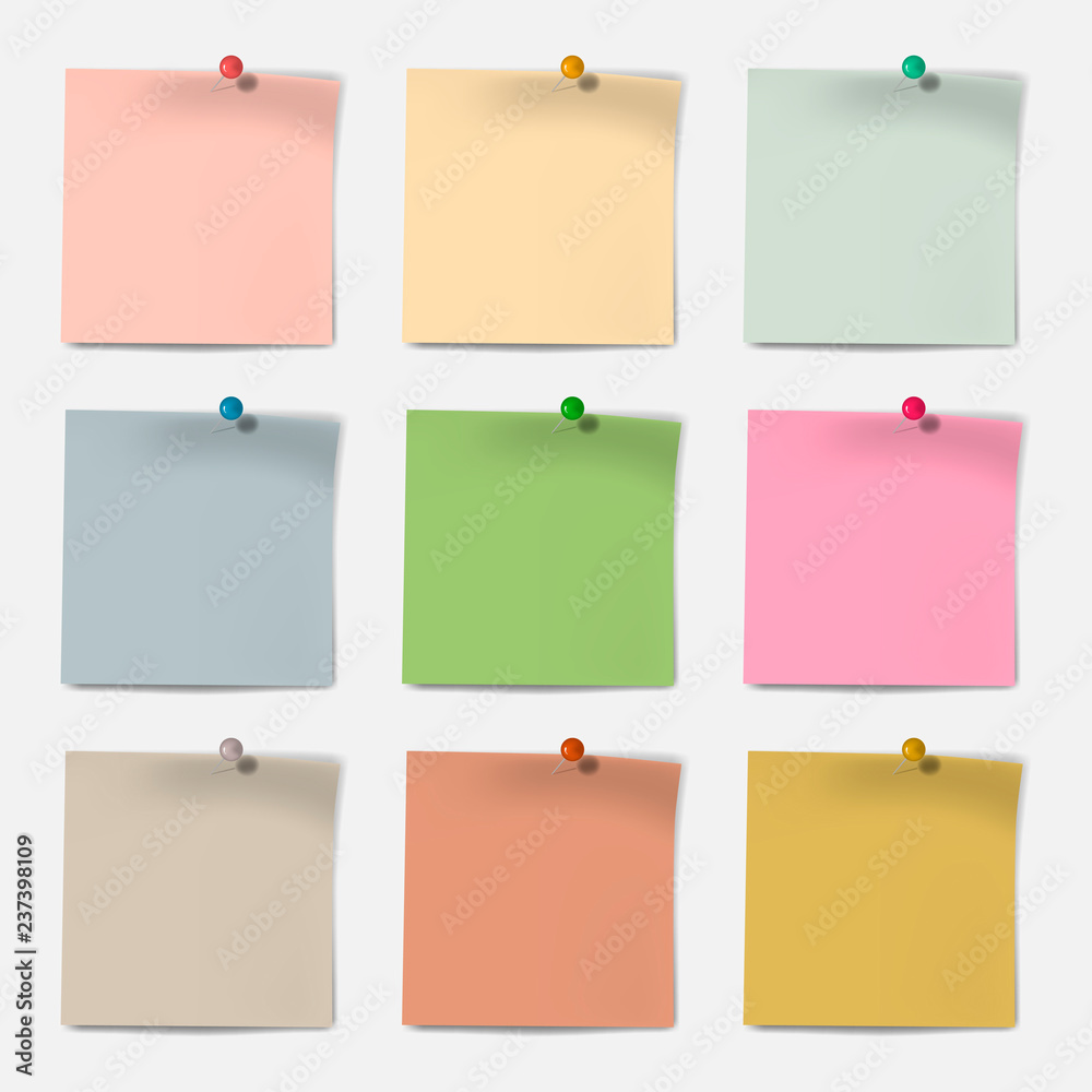 Colored note paper with push pin, memo sticker, reminder - mock-up set
