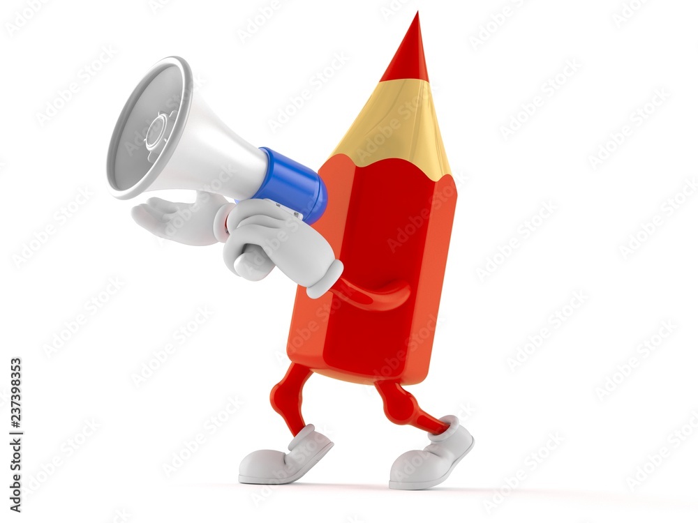 Naklejka premium Colored pencil character speaking through a megaphone