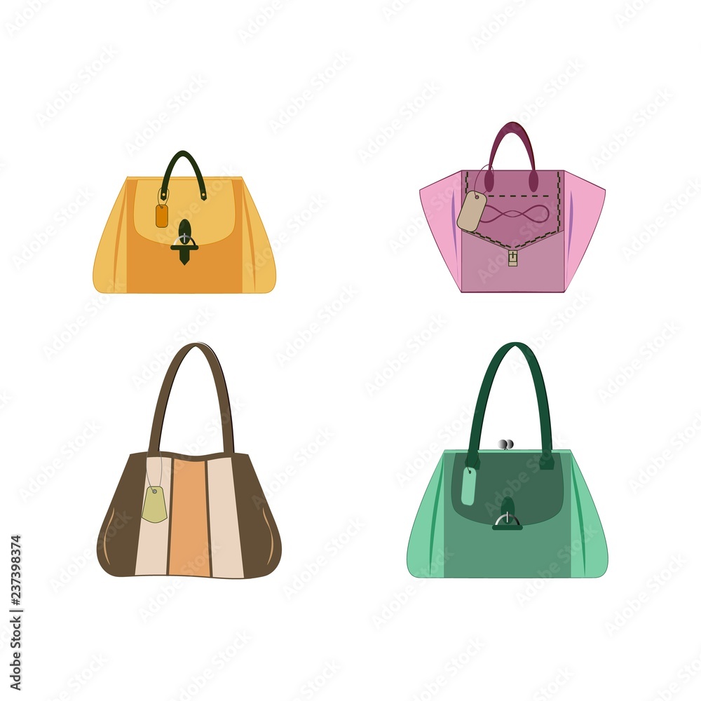 Set of stylish womens handbags - tote, shopper, hobo, bucket, satchel and pouch bags. Trendy leather accessories of different types isolated on white background. Colorful vector illustration. Set of stylish womens handbags - tote, shopper, hobo, bucket, satchel and pouch bags. Trendy leather accessories of different types isolated on white background. Colorful vector illustration.