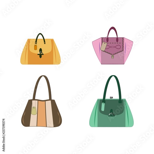 Set of stylish womens handbags - tote, shopper, hobo, bucket, satchel and pouch bags. Trendy leather accessories of different types isolated on white background. Colorful vector illustration.