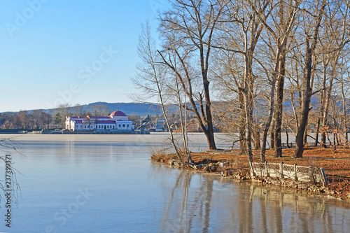 The city pond of Kyshtym. In the background a monument of architecture-people's house, built in 1903