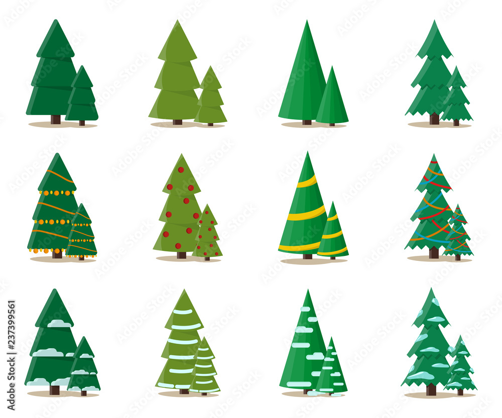 Set christmas tree in flat style, stylish design on a white background Set christmas tree in flat style, stylish design on a white background