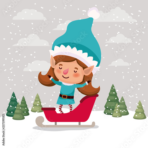 cute girl santa helper with sled