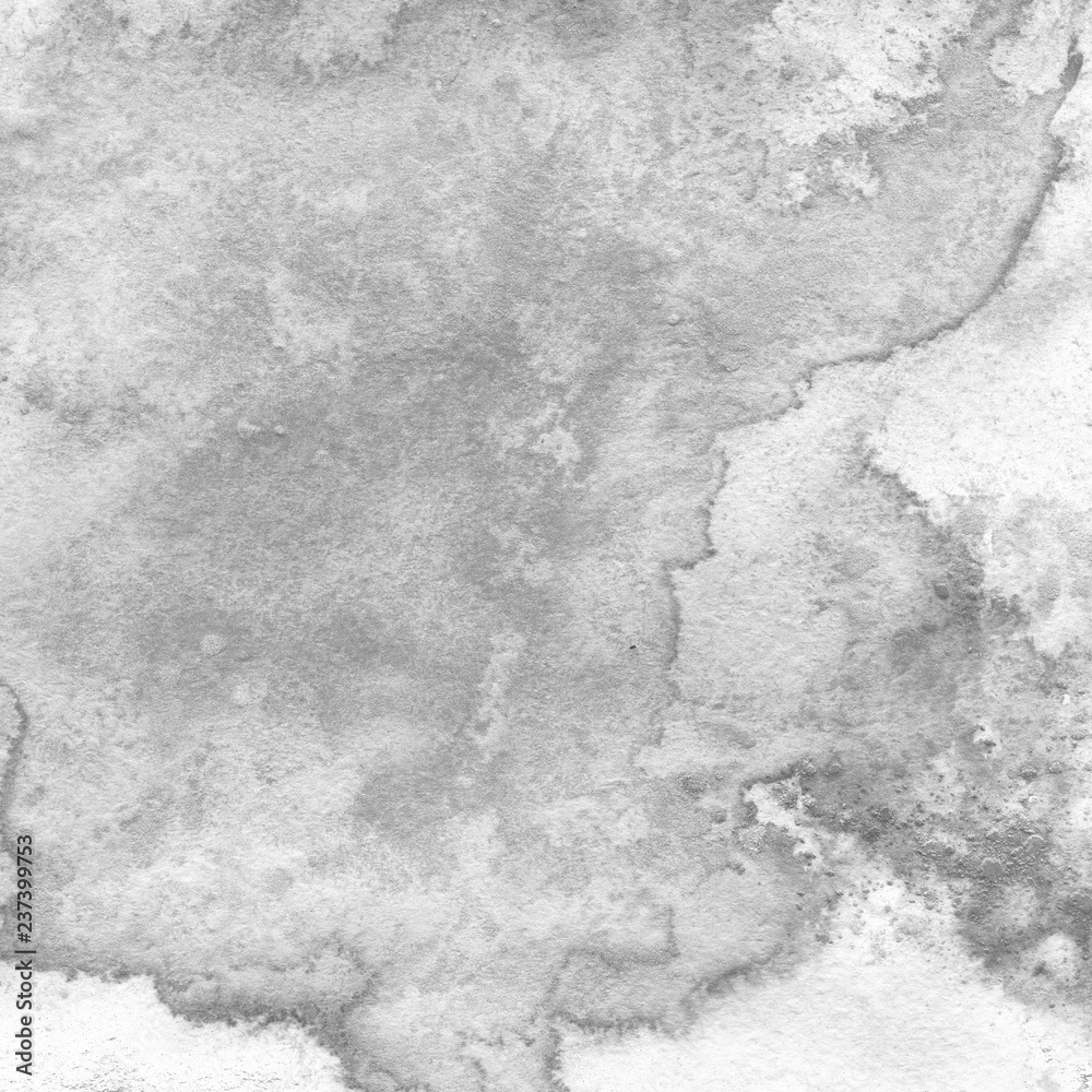 Fototapeta premium White and gray watercolor texture with abstract washes and brush strokes on white paper background. Trendy look. Chaotic abstract organic design.