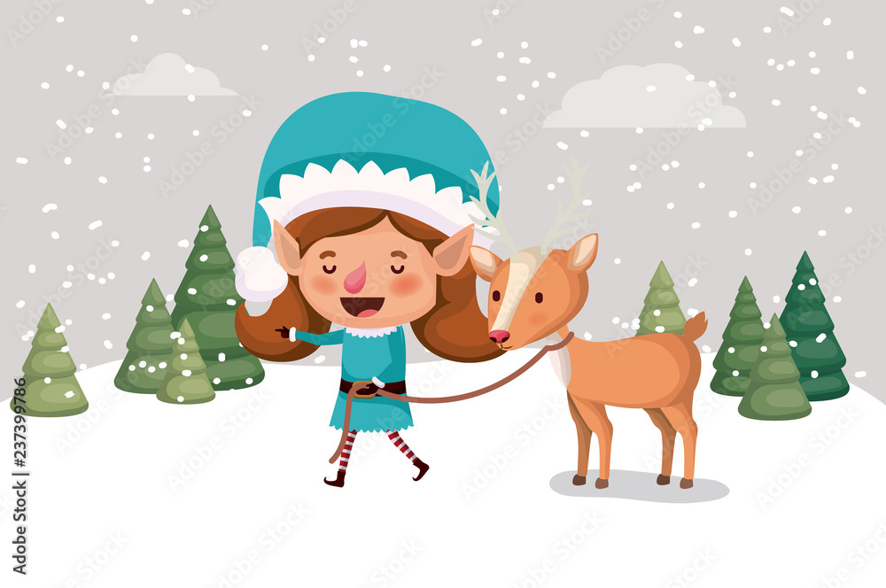 cute girl santa helper with reindeer in snowscape