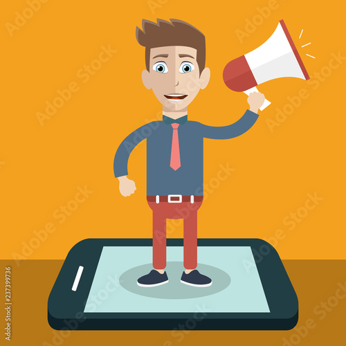 Businessman holding a megaphone. Digital marketing and advertising concept. Flat vector illustration