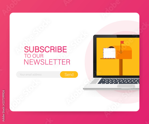 Email subscribe, online newsletter vector template with mailbox and submit button. Vector illustration. 