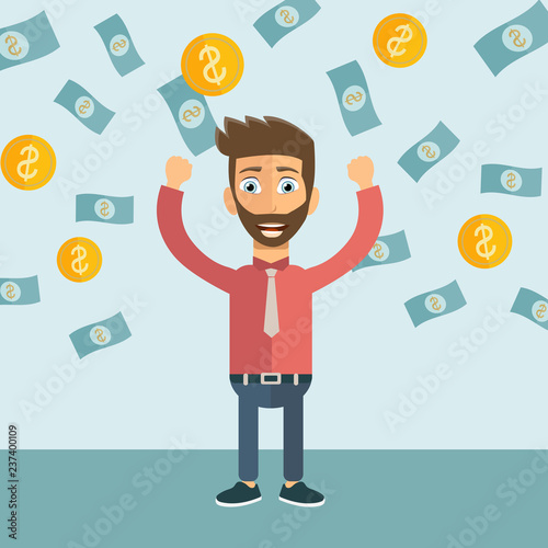 Young happy businessman with a lot of money. Business and financial success concept. Flat vector illustration
