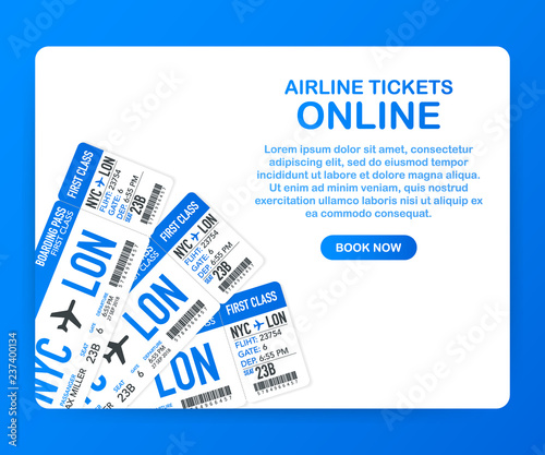 Airline tickets online. Buying or booking online ticket. Travel, business flights worldwide. Vector illustration.