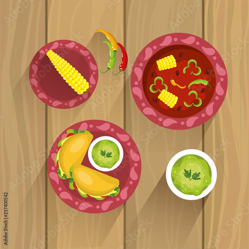 set mexican traditional food with sauces and cob