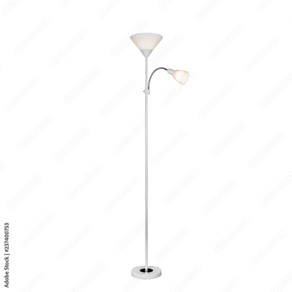 Metal floor lamp with two plastic lampshades. Isolated object on white background