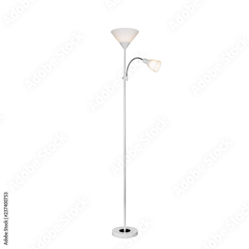 Metal floor lamp with two plastic lampshades. Isolated object on white background