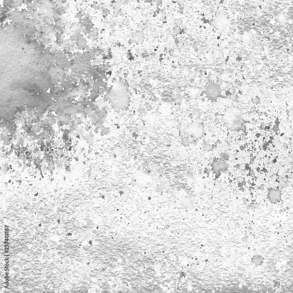 White and gray watercolor texture with abstract washes and brush strokes on white paper background. Trendy look. Chaotic abstract organic design.