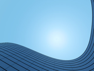 3D stimulate of high rise curve glass building and dark steel window system on blue clear sky background,Business concept of future architecture,lookup to the angle of the corner building.