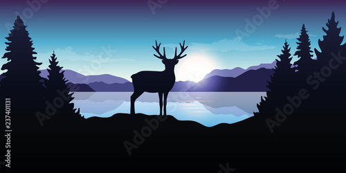 reindeer by the lake at sunrise blue wildlife nature landscape vector illustration EPS10