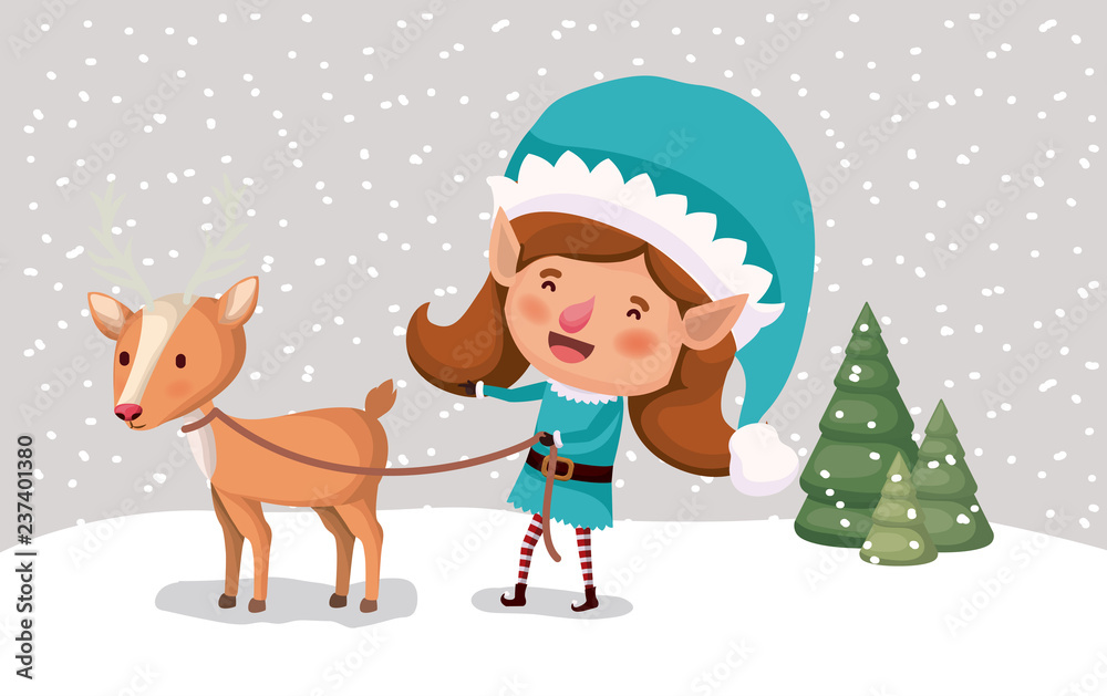 cute girl santa helper with reindeer in snowscape cute girl santa helper with reindeer in snowscape