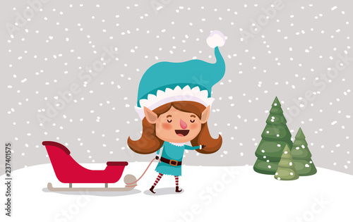 cute girl santa helper with sled