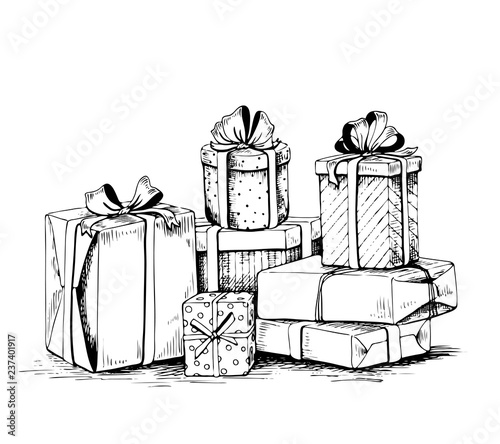 Pile of gift boxes. Hand drawn vector on white background.