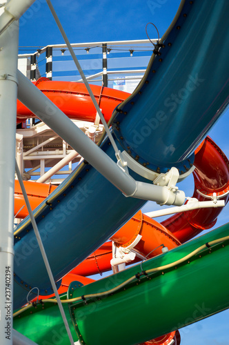 Waterslide tunnels with support rigging close up