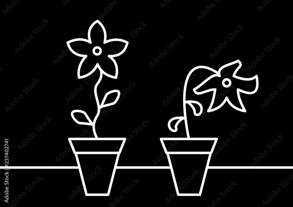 Deux fleurs en pot l'une est en bonne santé, l'autre va mourir