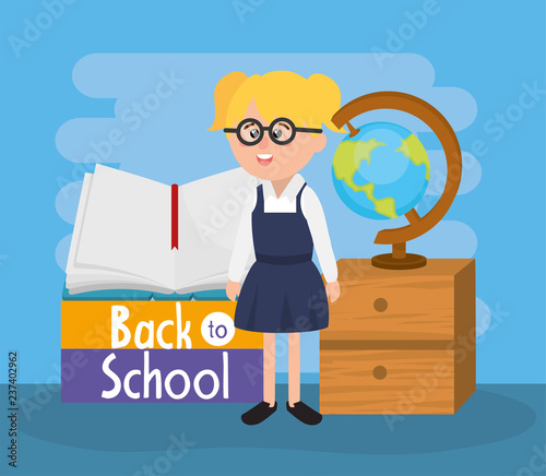 girl student wearing glasses with notebook and global map