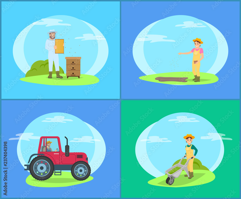 Beekeeper on Land and Tractor Vector Illustration Beekeeper on Land and Tractor Vector Illustration
