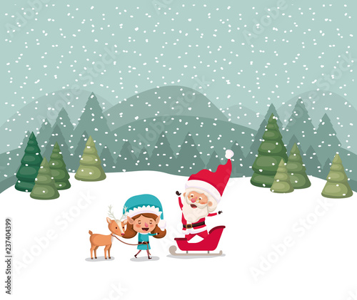 santa claus and girl helper with sled and reindeer