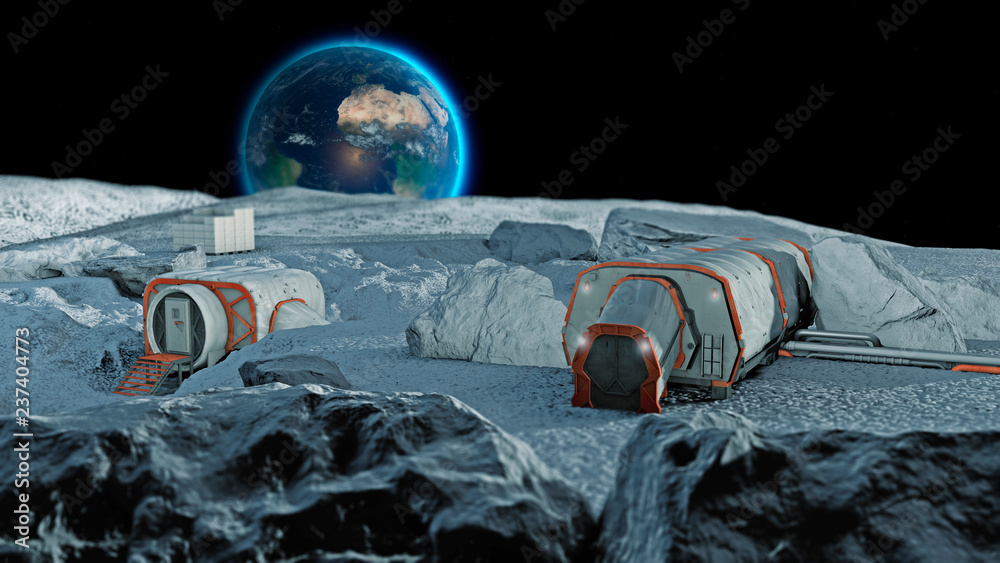 Naklejka premium Base lunare, avamposto spaziale. Primo insediamento sulla luna. Missioni spaziali. Moduli abitativi per la conquista dello spazio. 3d rendering. La terra vista dalla luna