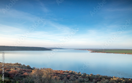 blue sky and clouds  blue lake stil water  panoramic view from high