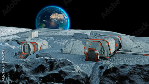 Base lunare, avamposto spaziale. Primo insediamento sulla luna. Missioni spaziali. Moduli abitativi per la conquista dello spazio. 3d rendering. La terra vista dalla luna photo