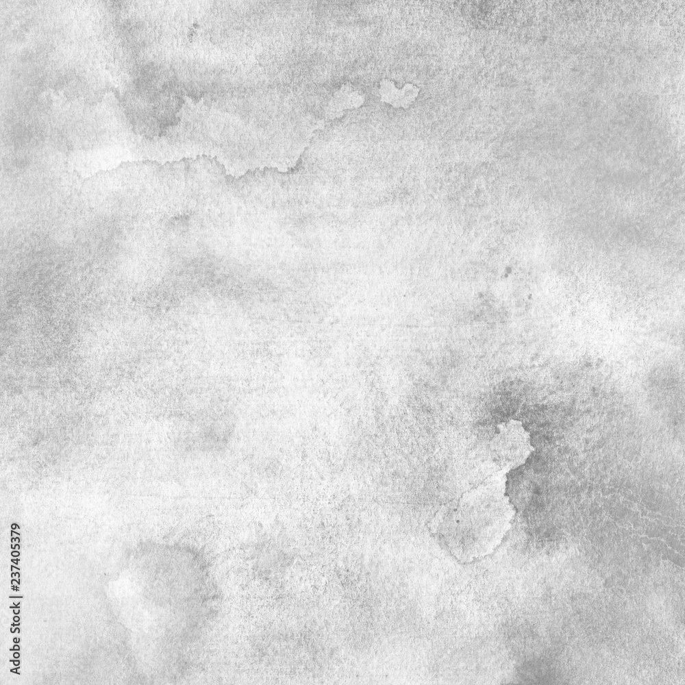Naklejka premium Silver watercolor texture with abstract washes and brush strokes on white paper background. Trendy look. Chaotic abstract organic design.