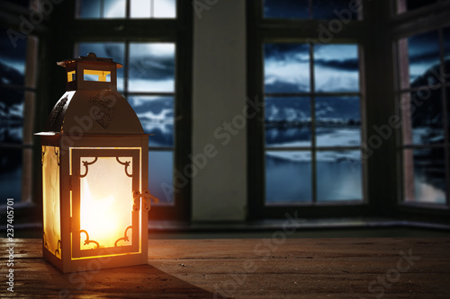 Winter lamp on table and free space 