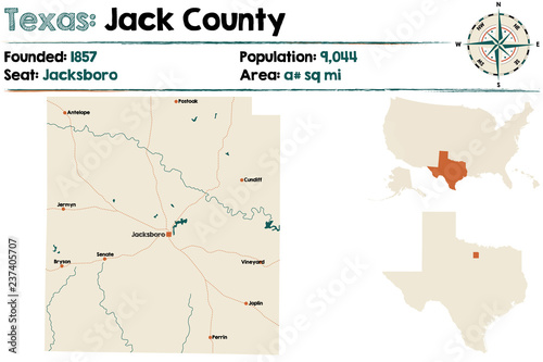 Detailed map of Jack County in Texas, USA