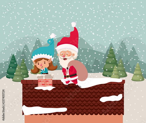santa claus and girl helper in chimney
