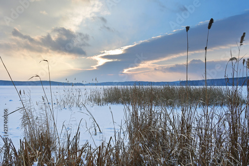 Russia, Chelyabinsk region. Nature monument - lake Uvildy in winter in frosty evening