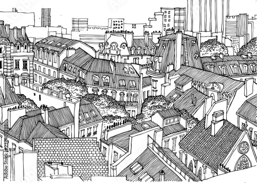 Roofs of Paris from above. Black and white linear graphics, perfect for background in the publication, posters, banners.