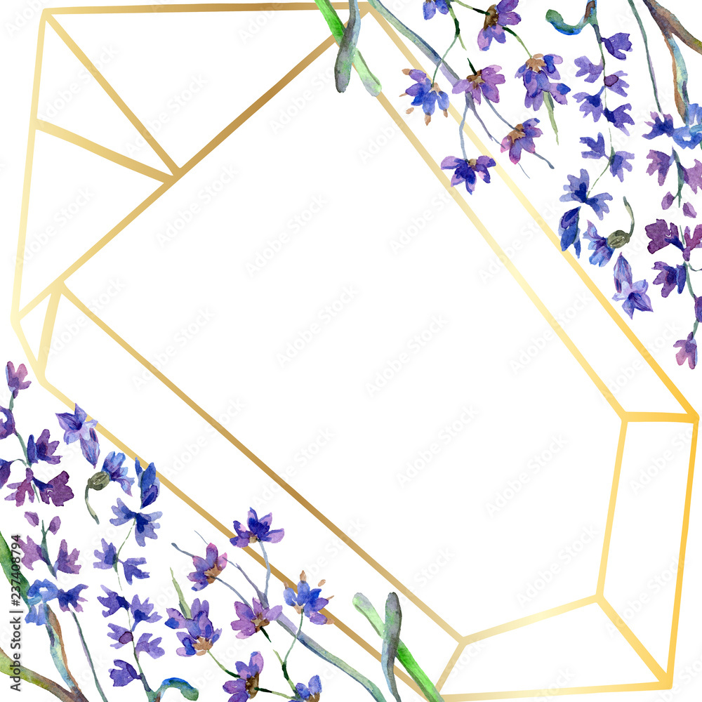 Obraz premium Purple lavender flowers. Watercolor background. Gold crystal frame border. Stone polyhedron mosaic shape.