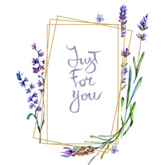 Purple lavender flowers. Just for you handwriting monogram calligraphy. Watercolor background in gold crystal frame.