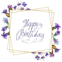 Purple lavender flowers. Happy Birthday handwriting monogram calligraphy. Watercolor background in gold crystal frame.