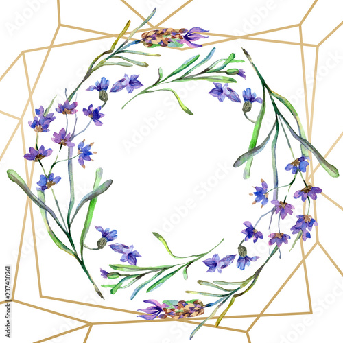 Purple lavender flowers. Watercolor background. Gold crystal frame border. Stone polyhedron mosaic shape.
