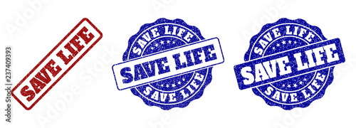 SAVE LIFE grunge stamp seals in red and blue colors. Vector SAVE LIFE labels with distress style. Graphic elements are rounded rectangles, rosettes, circles and text labels.