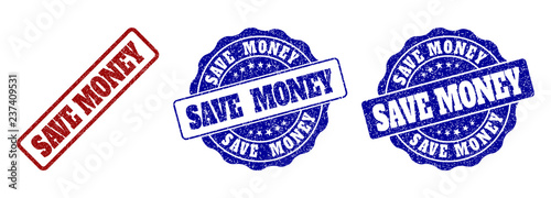 SAVE MONEY grunge stamp seals in red and blue colors. Vector SAVE MONEY labels with grainy style. Graphic elements are rounded rectangles, rosettes, circles and text labels.