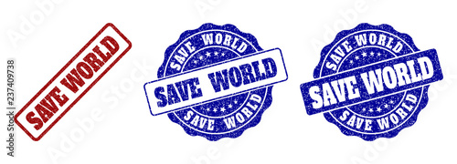 SAVE WORLD grunge stamp seals in red and blue colors. Vector SAVE WORLD watermarks with scratced texture. Graphic elements are rounded rectangles, rosettes, circles and text titles.