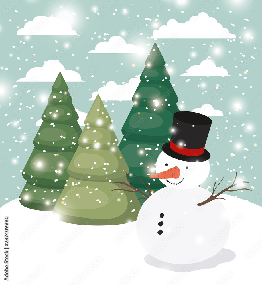 mery christmas card with snowman in snowscape mery christmas card with snowman in snowscape