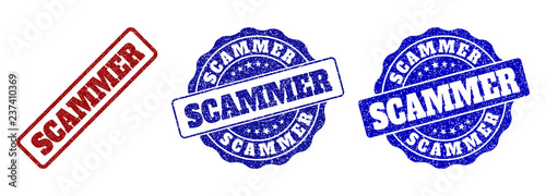 SCAMMER grunge stamp seals in red and blue colors. Vector SCAMMER signs with grunge style. Graphic elements are rounded rectangles, rosettes, circles and text labels.