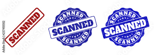 SCANNED scratched stamp seals in red and blue colors. Vector SCANNED labels with scratced texture. Graphic elements are rounded rectangles, rosettes, circles and text labels.